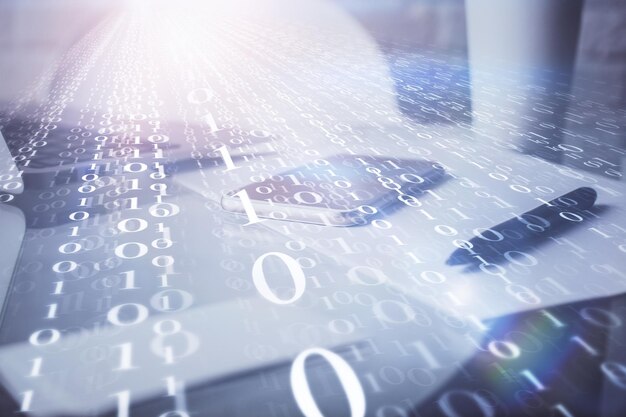 Double exposure of data theme drawing and mobile phone background Concept of innovation