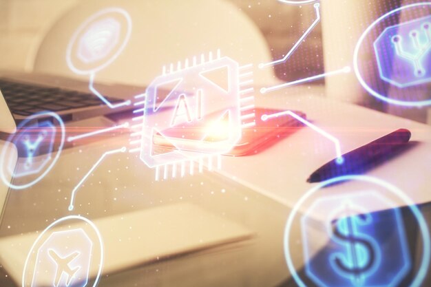 Double exposure of data theme drawing and mobile phone background Concept of innovation