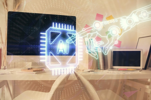 Double exposure of data theme drawing and office interior background Concept of technology