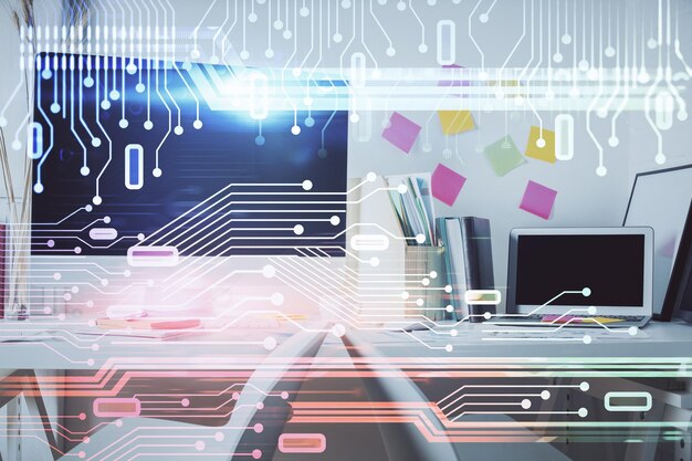 Double exposure of data theme drawing and office interior background Concept of technology