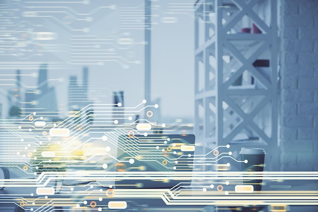 Double exposure of data theme drawing and office interior background Concept of technology