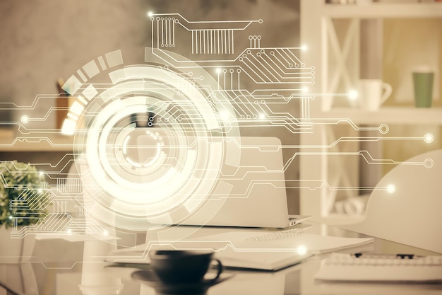 double exposure of data theme drawing and office interior background concept of technology