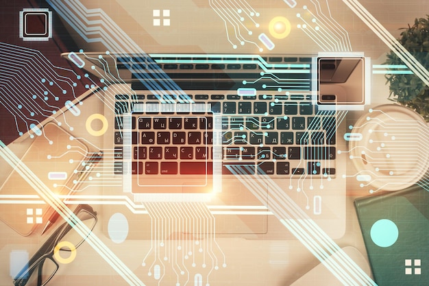 Double exposure of data theme drawing hologram over topview work table background with computer Concept of technology