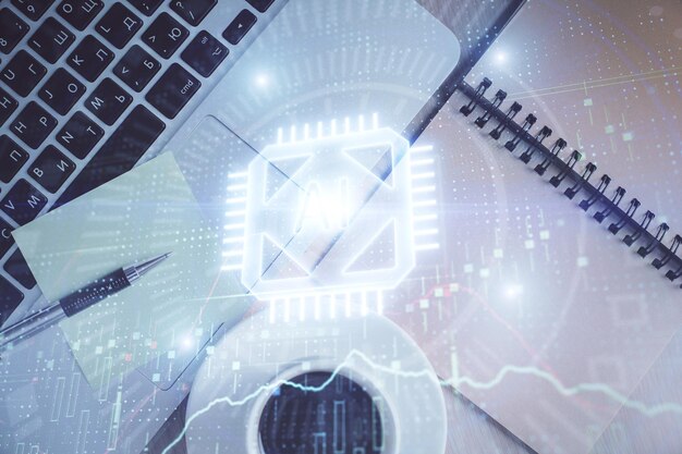 double exposure of data theme drawing hologram over topview work table background with computer concept of technology