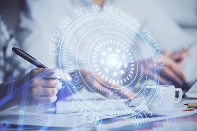 Double exposure of data theme sketch drawing over people writing background Concept of technology