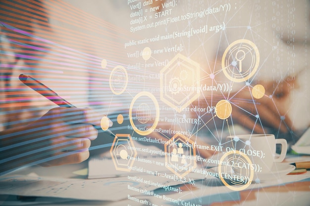 double exposure of data theme sketch drawing over people writing background concept of technology