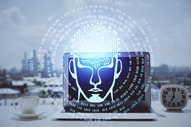 double exposure of desktop with computer and brain drawing hologram artificial intelligence concept