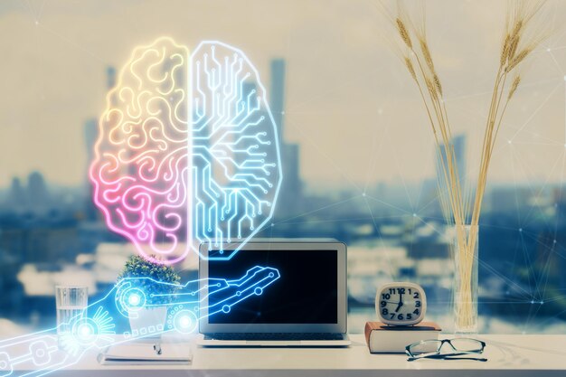 Double exposure of desktop with computer and brain drawing hologram Artificial intelligence concept
