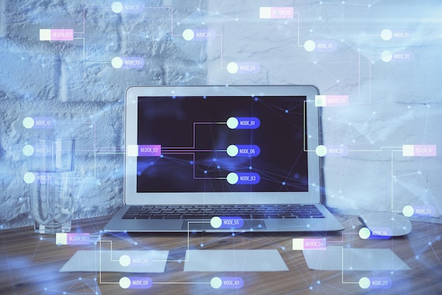 Double exposure of desktop with personal computer on background and tech theme drawing Concept of Bigdata