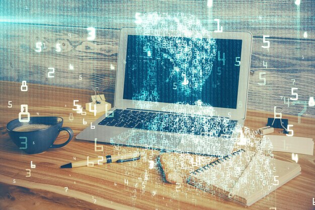 Double exposure of desktop with personal computer on background and tech theme drawing Concept of Bigdata