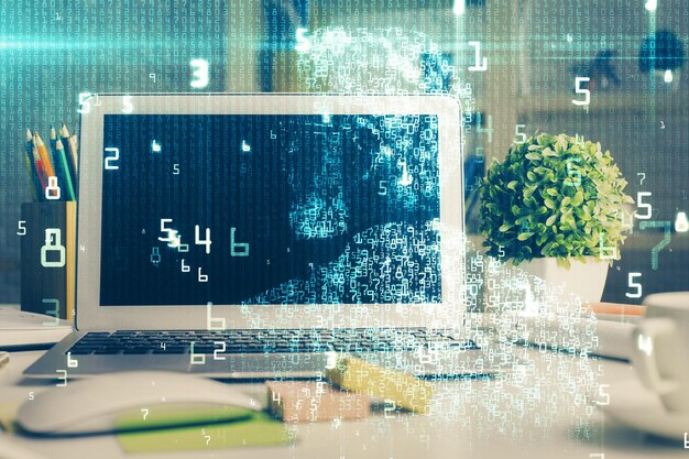 Double exposure of desktop with personal computer on background and tech theme drawing Concept of Bigdata