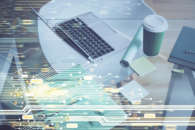 Double exposure of desktop with personal computer on background and tech theme drawing Concept of data analysis