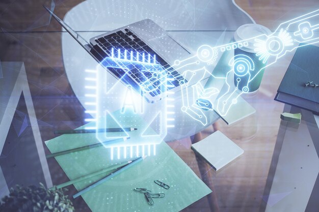 Double exposure of desktop with personal computer on background and tech theme drawing Concept of data analysis