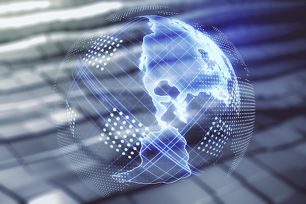 double exposure of digital map of north america hologram on blurry metal background research and strategy concept