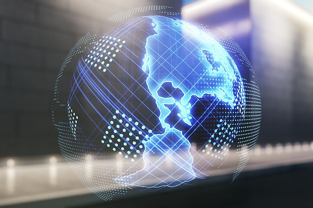 double exposure of digital map of north america hologram on modern business center exterior background research and strategy concept