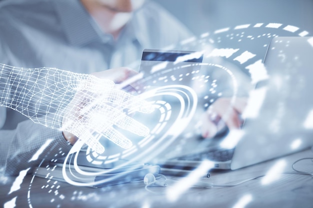 Double exposure of man hands holding a credit card and data theme drawing Ecommerce and technology concept