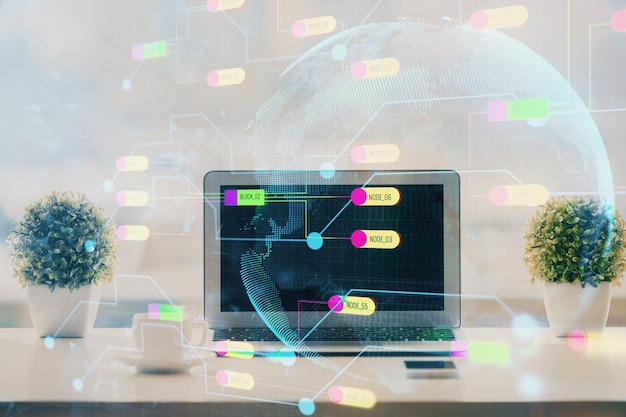 Double exposure of table with computer on background and data theme drawing Concept of innovation