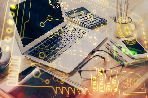 double exposure of table with computer on background and data theme drawing concept of innovation
