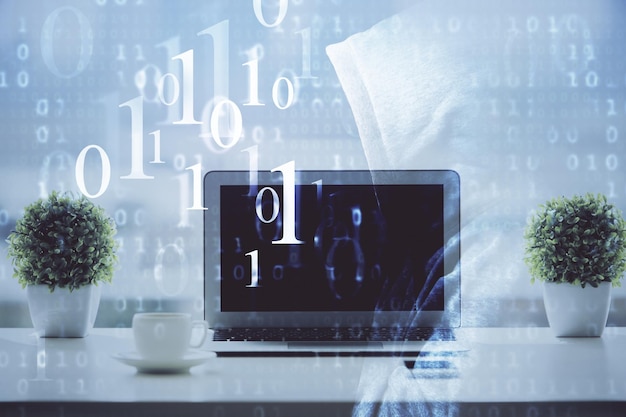 Double exposure of table with computer on background and data theme drawing Concept of innovation