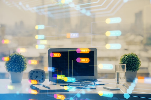 Double exposure of table with computer on background and data theme drawing Concept of innovation