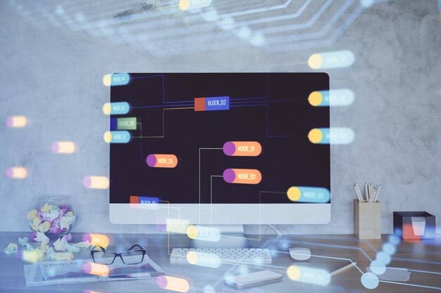 Double exposure of table with computer on background and data theme hologram Data technology concept