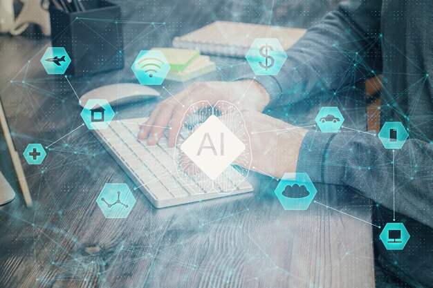 Double exposure of technology hologram with man working on computer background Concept of big data