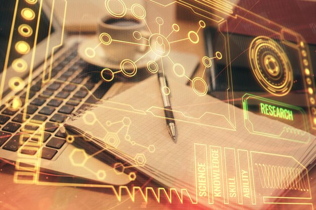 double exposure of technology theme drawing and desktop with coffee and items on table background concept of data research