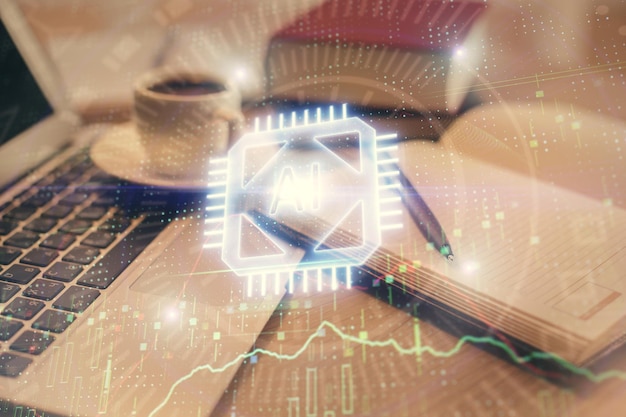 double exposure of technology theme drawing and desktop with coffee and items on table background concept of data research