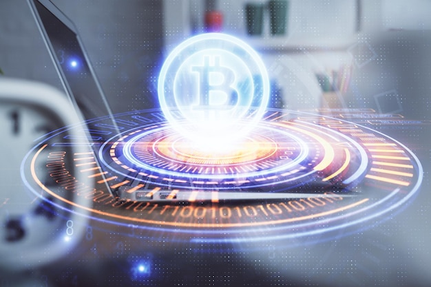 Double exposure of woman hands typing on computer and crypto market theme hologram drawing Blockchain concept