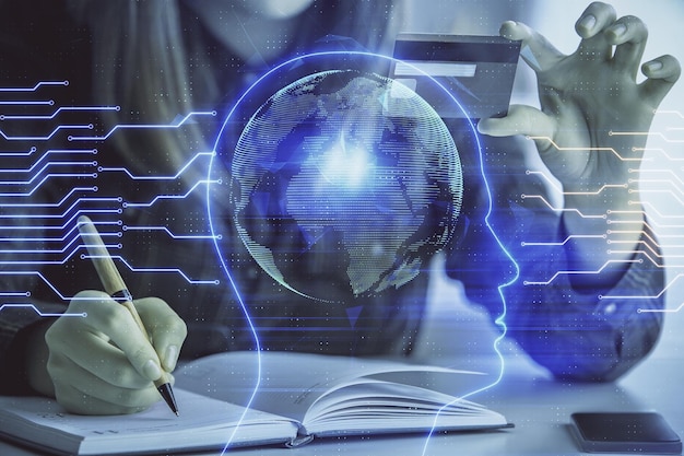 Double exposure of woman online shopping holding a credit card and brain hologram drawing Data Ecommerce concept