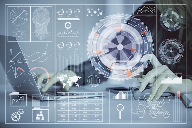 Double exposure of woman online shopping holding a credit card and data theme hologram drawing Ecommerce concept
