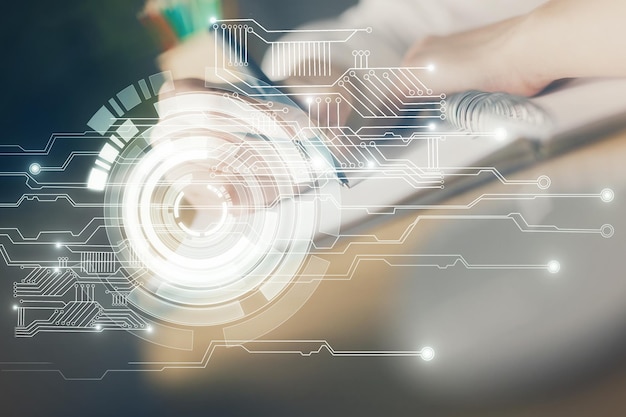 double exposure of woman's hands on background with technology and digital coding icons data development concept close up