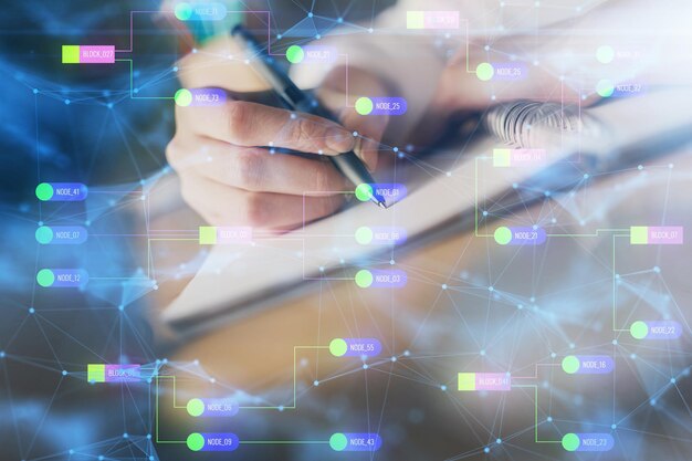 double exposure of woman's hands on background with technology and digital coding icons data development concept close up