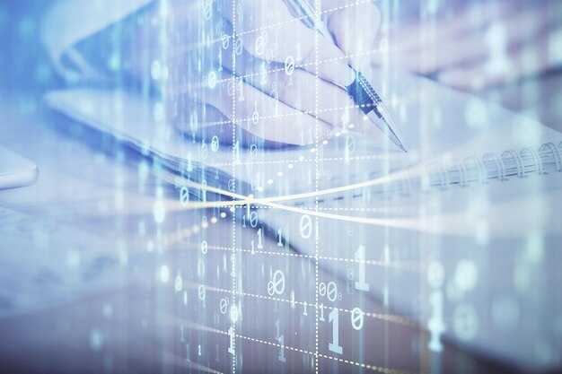 Double exposure of womans writing hand on background with data technology hud Big data concept