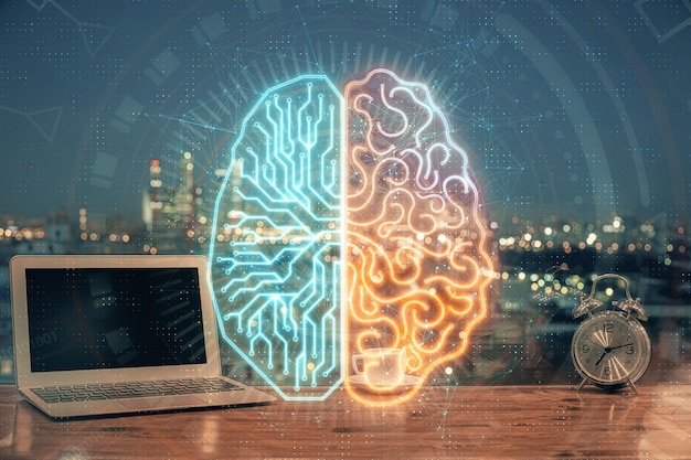 double exposure of work table with computer and brain sketch hologram brainstorming concept