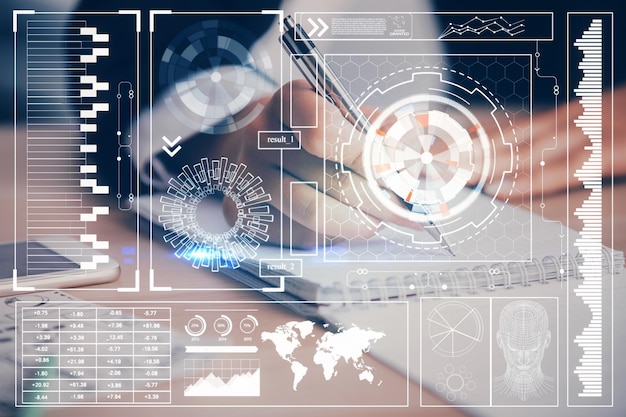 Double exposure of writing hand on background with data technology hologram Big data concept