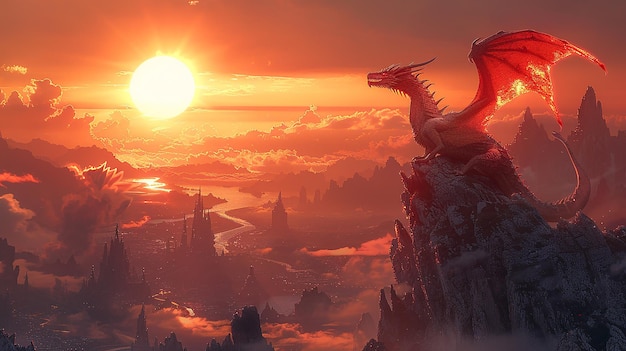 dragon flying over a mountain at sunset