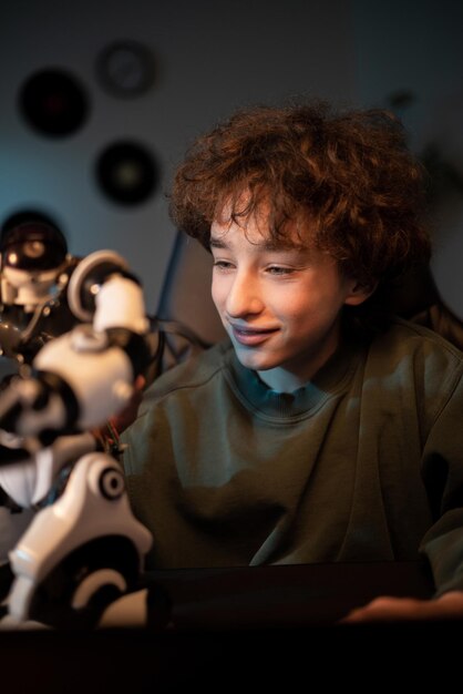 Dreng fascineret af elektronik ser robotter lege med legetøj, rummet om natten oplyst af en blå g