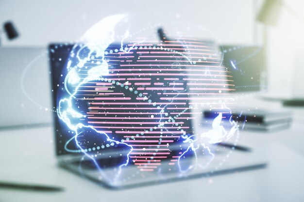 Dubbelexponering av abstrakt digital världskarta med anslutningar på datorbakgrund, big data- och blockchainkoncept