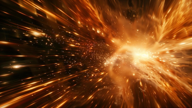 dynamic and intense digital illustration of orange and golden particles exploding outward in a burst of energy and light