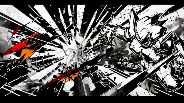 Dynamic black and white abstract vector artwork featuring explosive comicstyle action with intense energy and geometric patterns