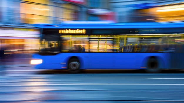 Dynamic Urban Transit Blue Bus Speeding Through City