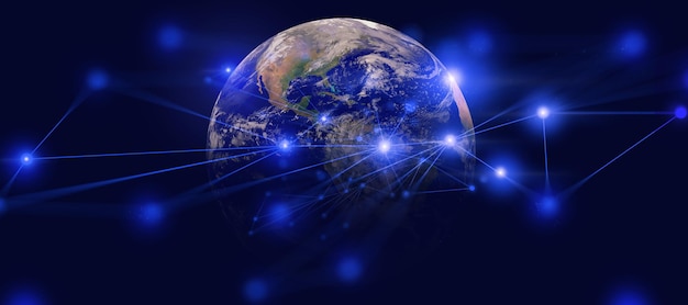 Earth and network of internet satellite for telecomglobe data cloud storage of 5g global networking of social data communication Elements of this image furnished by NASA