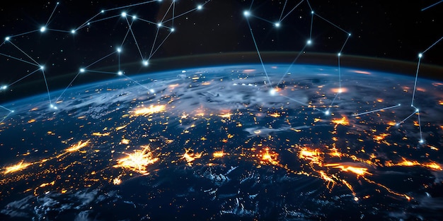 Earth from space with glowing lights and network connections
