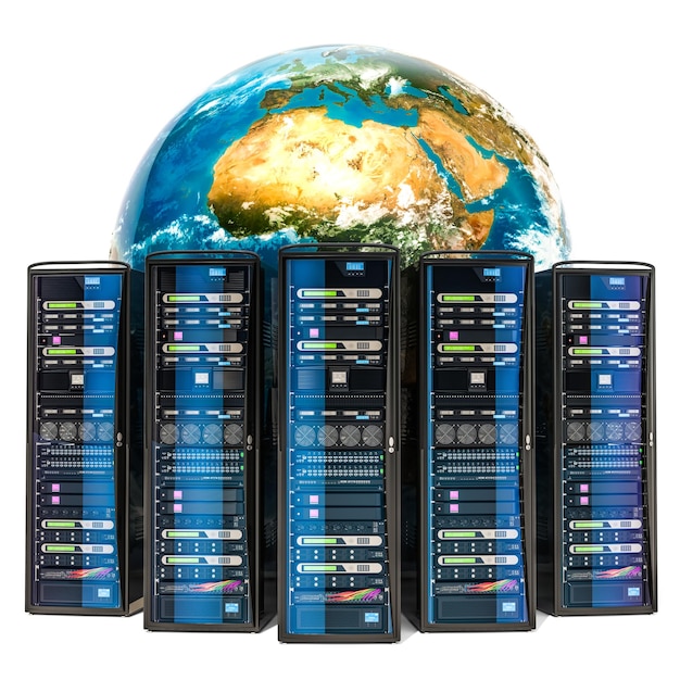 earth globe with server racks global internet concept 3d rendering