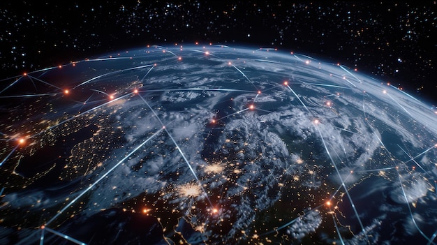 Earth with interconnected satellite network and city lights