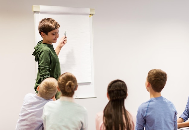 education, elementary school, learning and people concept - happy student boy with marker writing on flip board