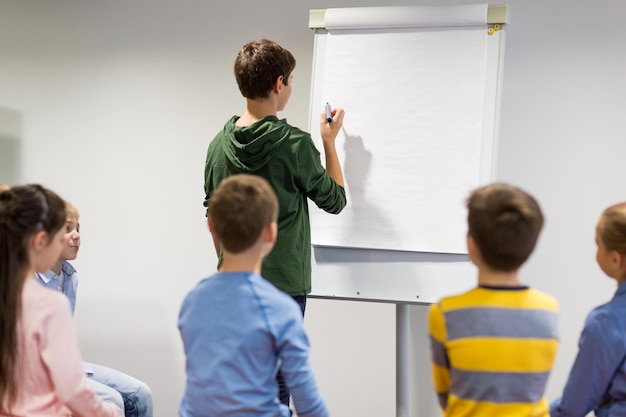 education, elementary school, learning and people concept - student boy with marker writing on flip board