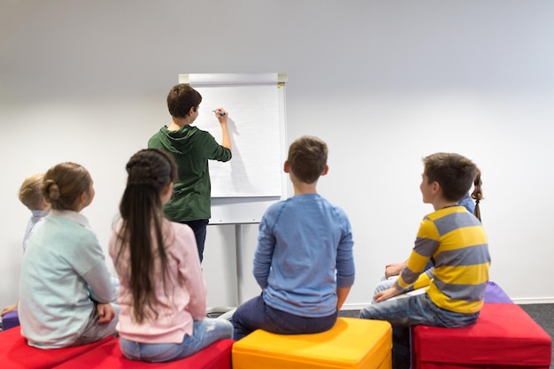 education, elementary school, learning and people concept - student boy with marker writing on flip board