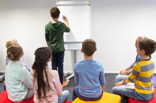 education, elementary school, learning and people concept - student boy with marker writing on flip board